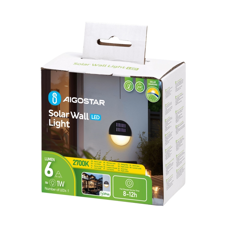 Aigostar - Applique murale solaire LED/1W/1,2V noir 2700K IP44