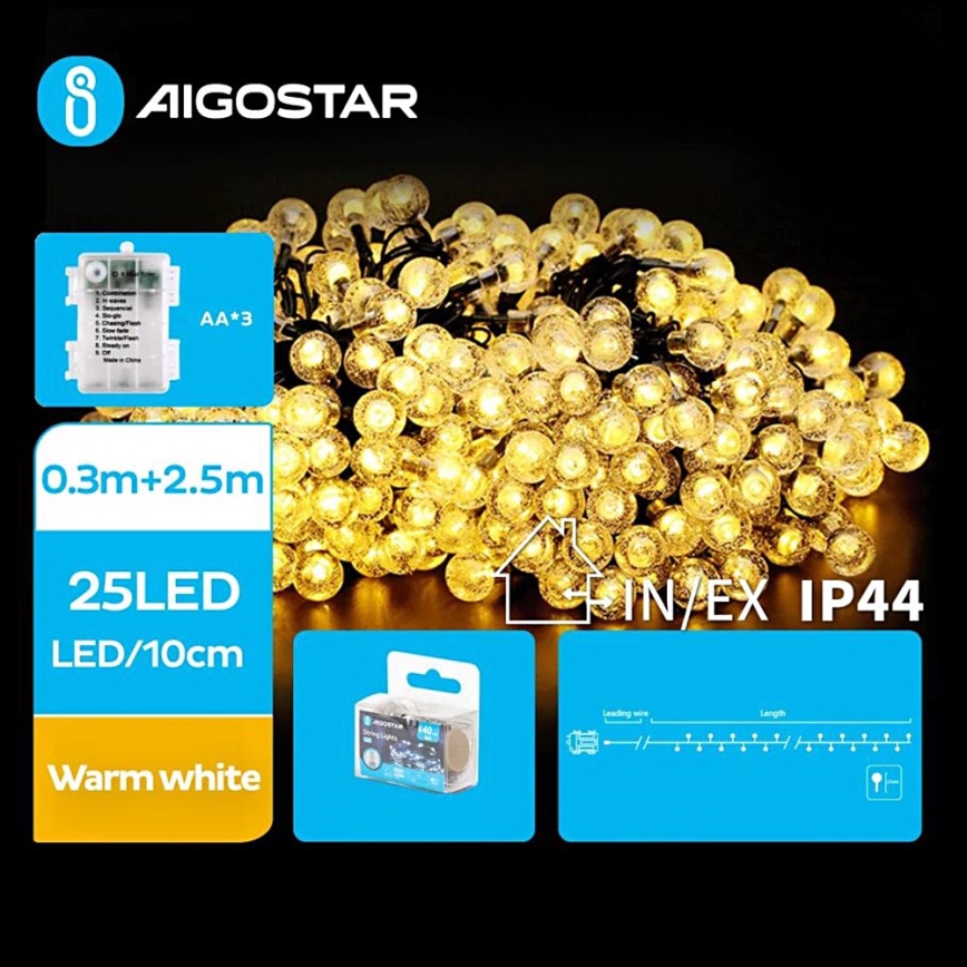 Aigostar - Guirlande de Noël extérieure 25xLED/3xAA/8 fonctions 2,8 m IP44 blanc chaud