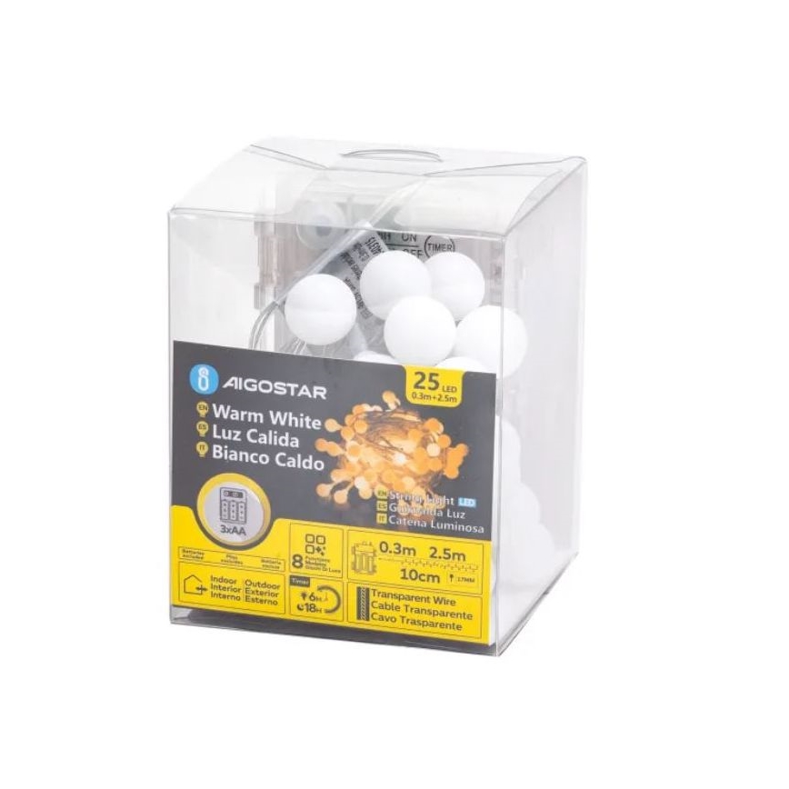 Aigostar-Guirlande de Noël extérieure 25xLED/3xAA/8 fonctions 2,8 m IP44 blanc chaud