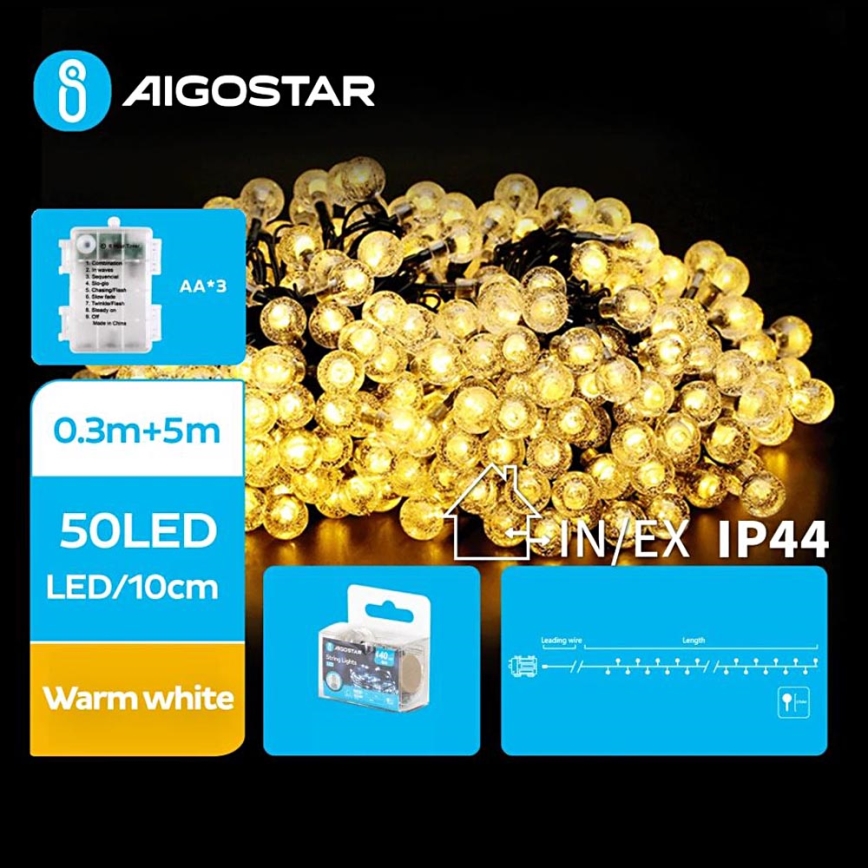 Aigostar - Guirlande de Noël extérieure 50xLED/3xAA/8 fonctions 5,3 m IP44 blanc chaud