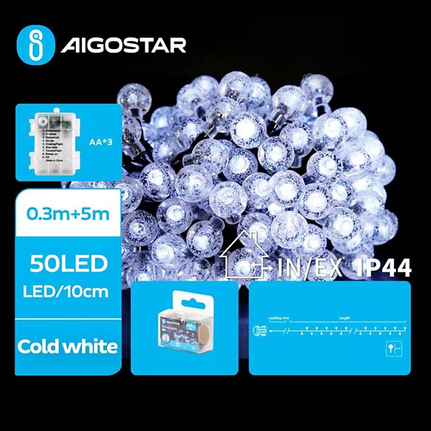 Aigostar - Guirlande de Noël extérieure 50xLED/3xAA/8 fonctions 5,3 m IP44 blanc froid