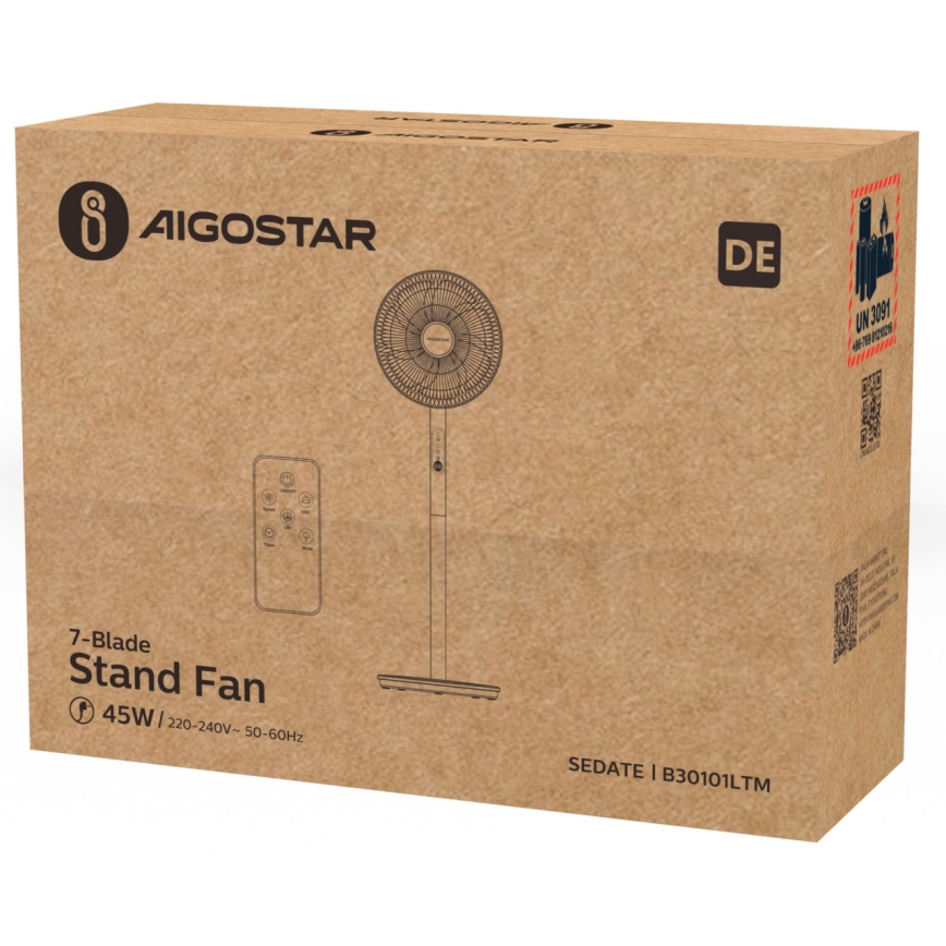 Aigostar - Ventilateur sur pied 45W/230V blanc + télécommande