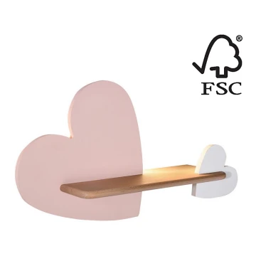 Applique murale pour enfants avec une étagère HEART LED/5W/230V rose/blanc/bois - certifié FSC