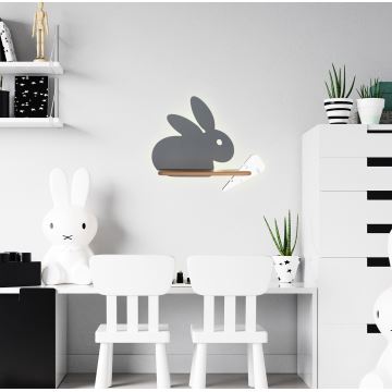 Applique murale pour enfants avec une étagère RABBIT LED/4W/230V gris/blanc/bois - certifié FSC