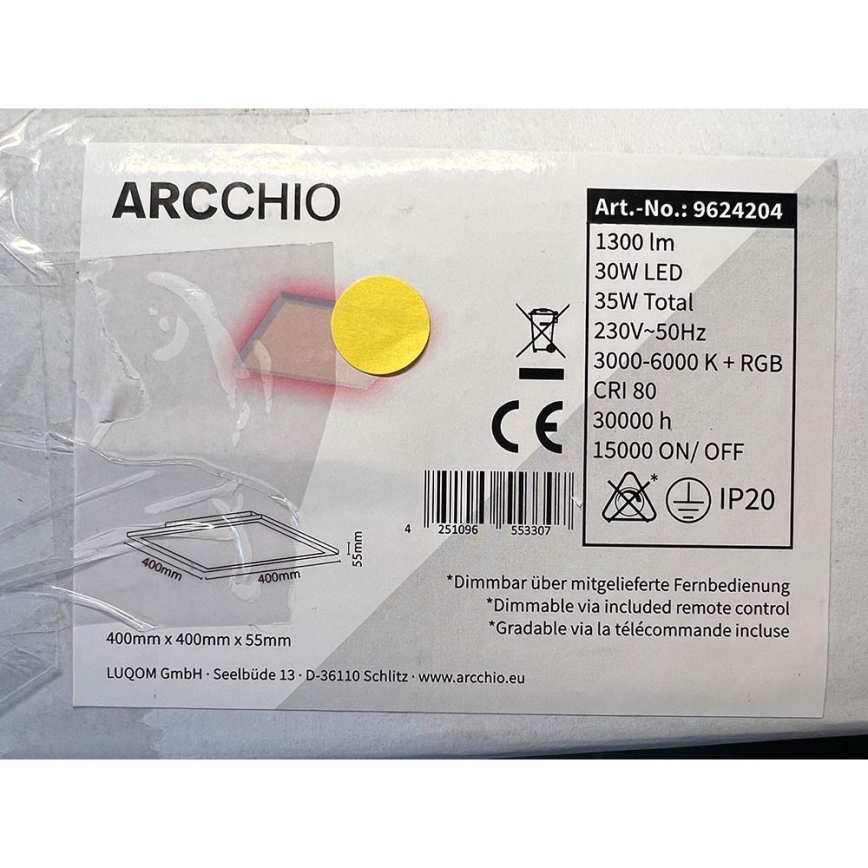 Arcchio - Plafonnier LED RGBW à intensité variable BRENDA LED/30W/230V + télécommande