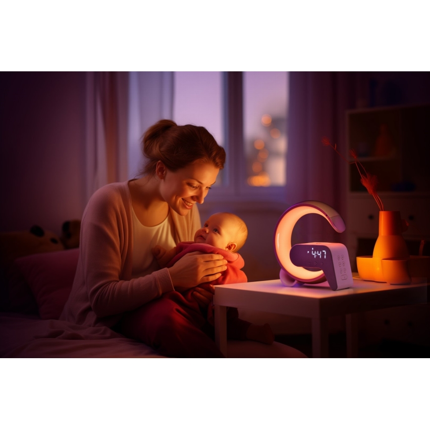 Lampe de table LED RGB à intensité variable avec réveil et Qi charge 30W/230V argent