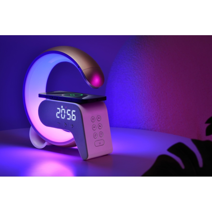 Lampe de table LED RGB à intensité variable avec réveil et Qi charge 30W/230V argent