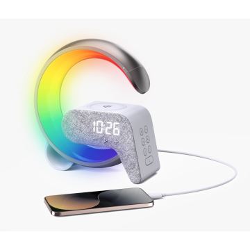 Lampe de table LED RGB à intensité variable avec réveil et Qi charge 30W/230V argent