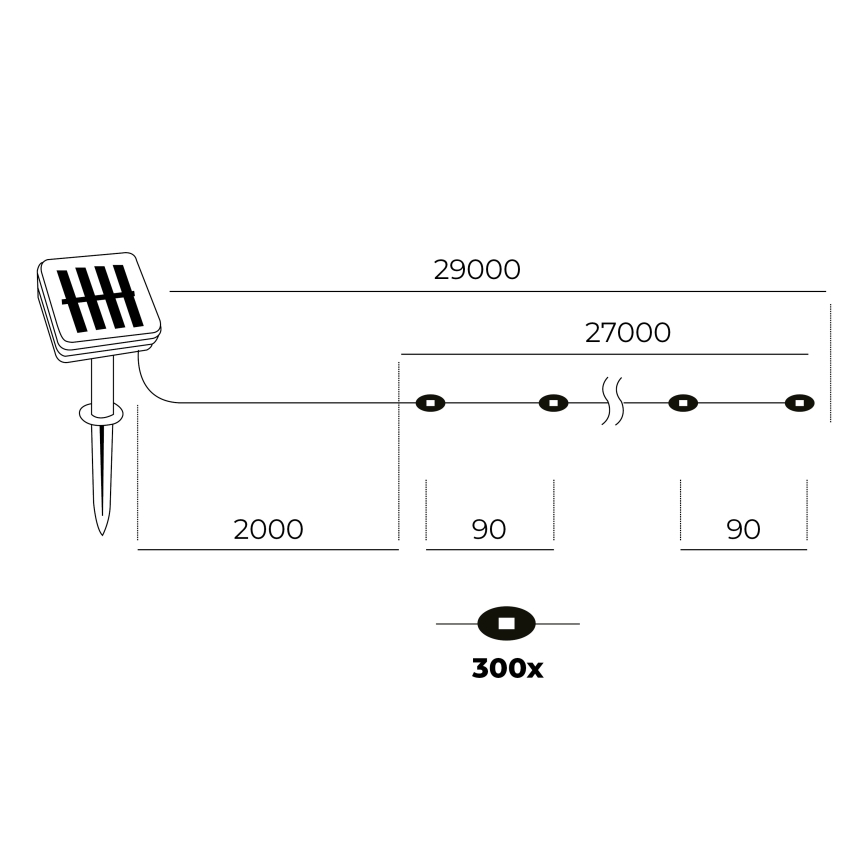 LED - Guirlande solaire 300xLED/0,12W/1,2V 1xAA 27 m IP44 3000K