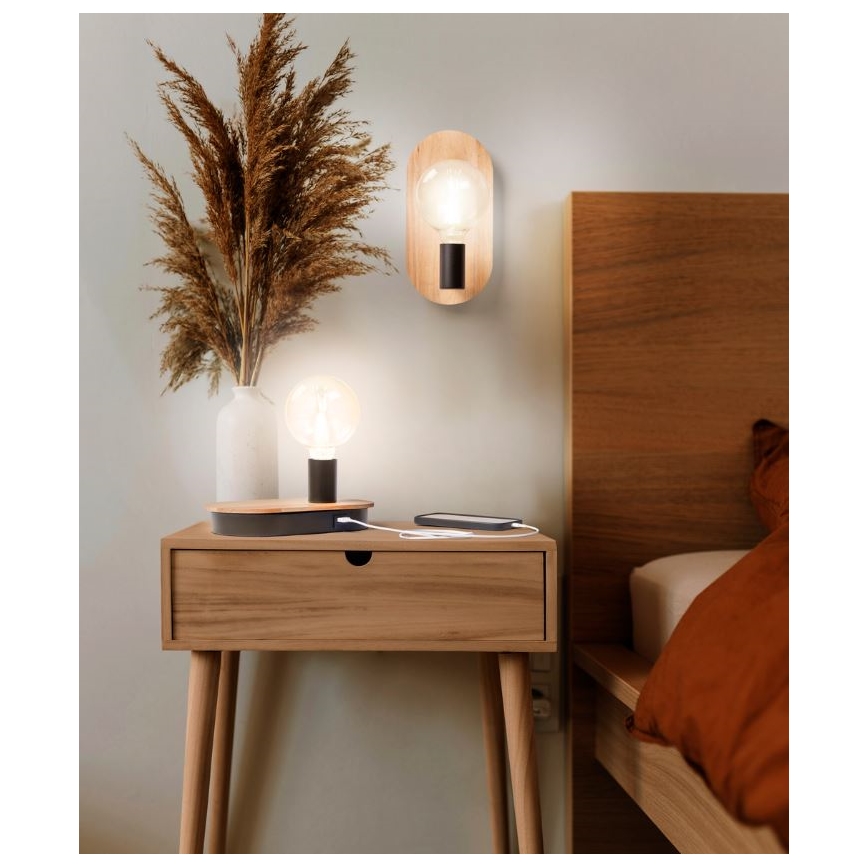 Ledvance - Lampe de table tactile avec USB connector DECOR WOOD 1xE27/8W/230V figuier caoutchouc