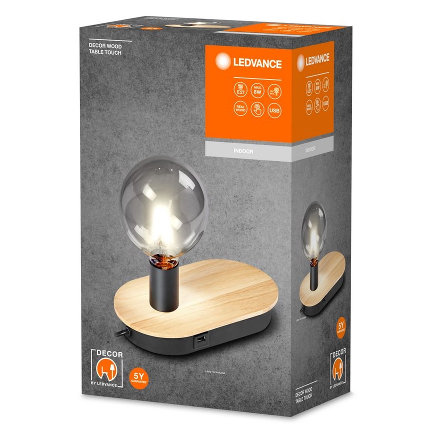 Ledvance - Lampe de table tactile avec USB connector DECOR WOOD 1xE27/8W/230V figuier caoutchouc