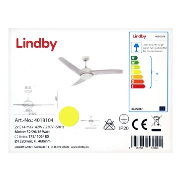 Lindby - Ventilateur de plafond EMANUEL 2xE14/42W/230V + télécommande