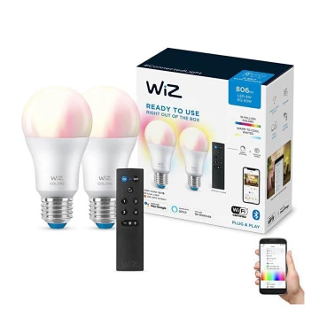 LOT 2x Ampoule à intensité variable LED RGBW A60 E27/8,5W/230V 2200-6500K Wi-Fi + télécommande - WiZ