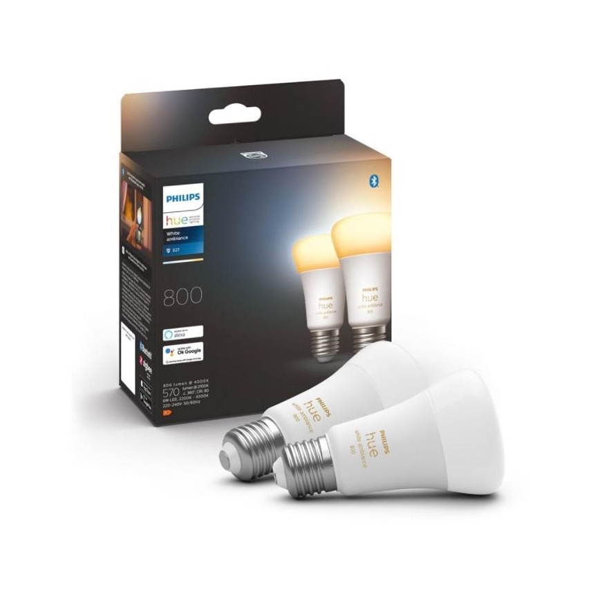 LOT 2x Ampoule LED à intensité variable Philips Hue WHITE AMBIANCE E27/6W/230V 2200-6500K