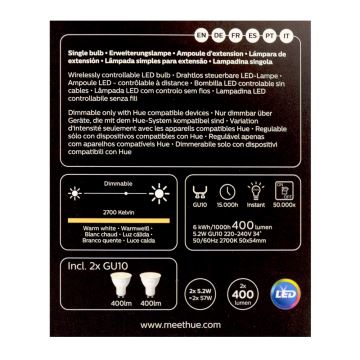 LOT 2x Ampoule LED à intensité variable Philips Hue WHITE GU10/5,2W/230V 2700K