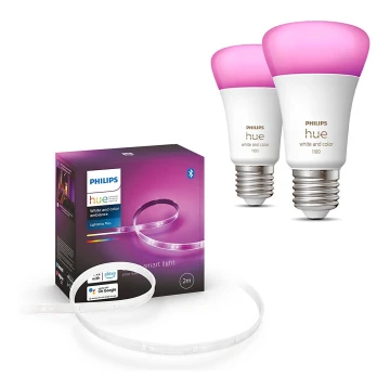 LOT - Ruban RGBW à intensité variable Philips Hue WHITE AND COLOR AMBIANCE 2m LED/20W/230V + 2x Ampoule à intensité variable LED Philips A60 E27/9W/230V 2000-6500K