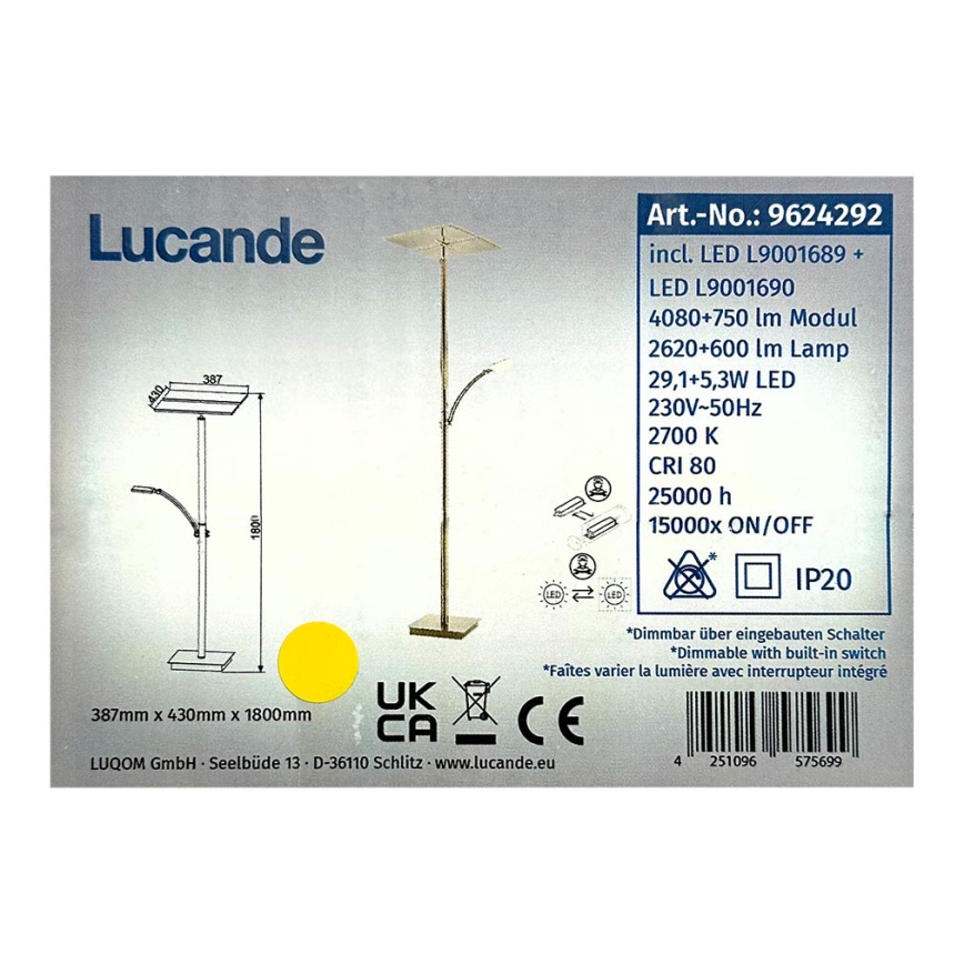 Lucande - Lampadaire à intensité variable PARTHENA LED/29,1W/230V + LED/5,3W/230V