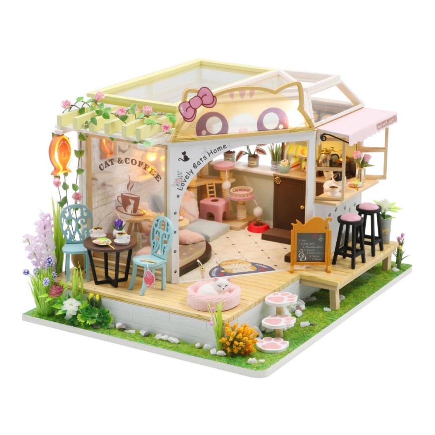 Maison de poupée enfant Bar à chats avec jardin 2xAAA