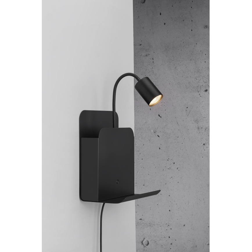 Nordlux - Spot mural avec étagère et USB ROOMI 1xGU10/8W/230V noir