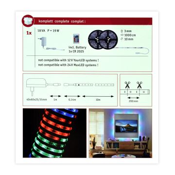 Paulmann 70515 - Ruban LED RGB à intensité variable SIMPLED 10m 230V + Télécommande