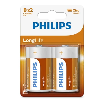 Philips R20L2B/10 - x2 Pile au chlorure de zinc D LONGLIFE 1,5V 5000mAh