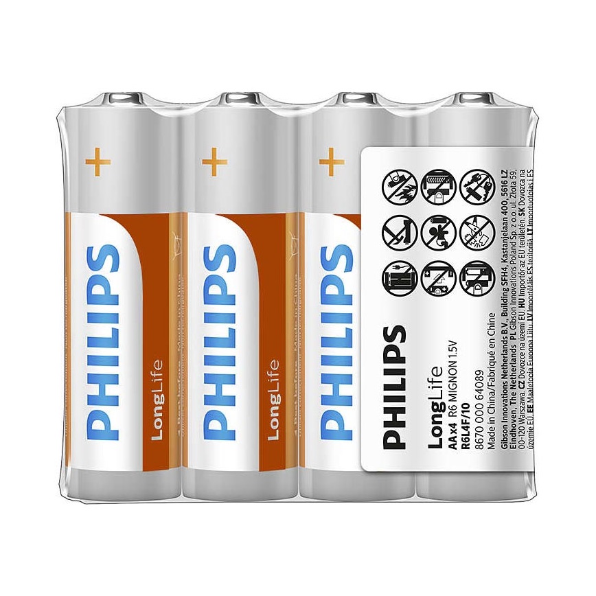 Philips R6L4F/10 - 4 pc Batterie au chlorure de zinc AA LONGLIFE 1,5V 900mAh