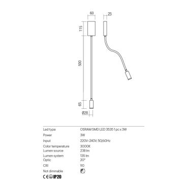 Redo 01-2755 - Petite lampe flexible WALLIE LED/3W/230V USB CRI 90 noir