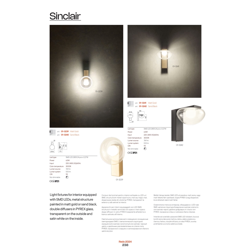 Redo 01-3240 - Applique murale SINCLAIR LED/6,5W/230V CRI 93 IP21 noir