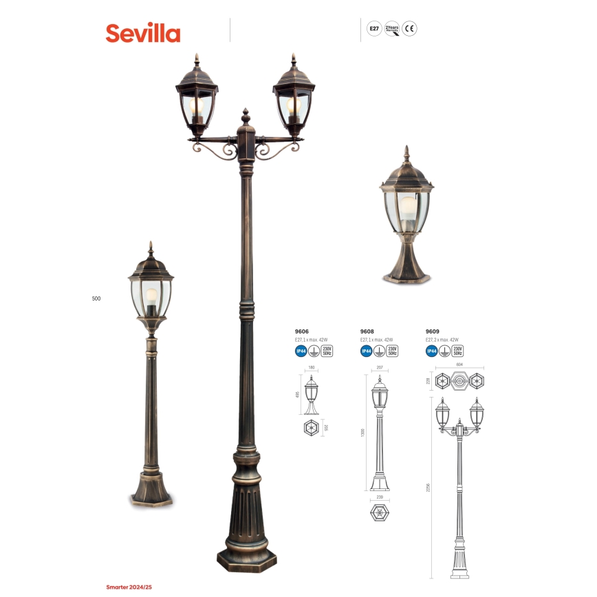 Redo 9609 - Lampadaire extérieur SEVILLA 2xE27/42W/230V IP44 doré/patine