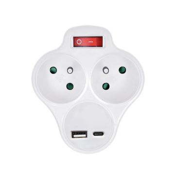 Multiprise avec un chargeur USB A+C et interrupteur 2x10A blanc