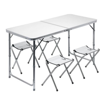 Table de camping pliable + 4x chaise blanche/chromé