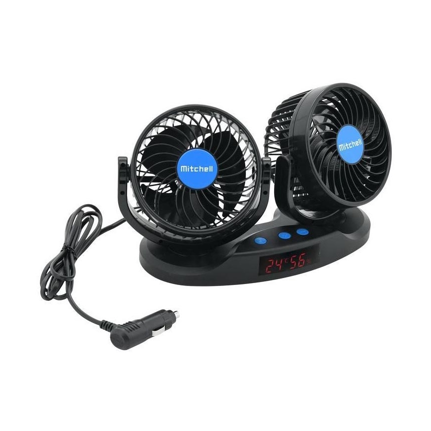 Ventilateur de tableau de bord de voiture avec thermomètre 9W/12V noir